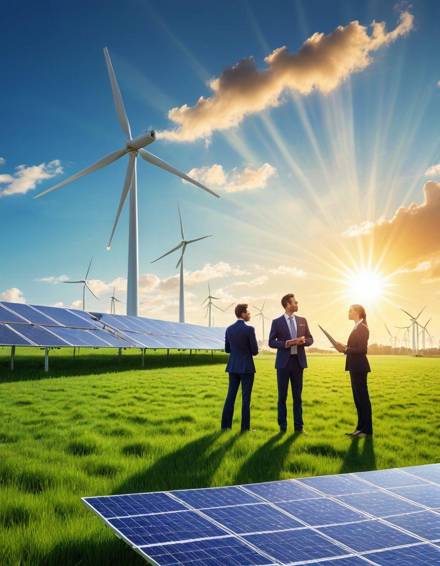 A serene landscape depicting a vibrant green field under a bright blue sky, where the sun's rays illuminate a wind turbine and solar panels, symbolizing sustainable energy. In the foreground, a confident insurance agent is engaging with diverse clients, discussing comprehensive insurance solutions. Incorporate visual elements like charts and graphs to represent data analysis in energy risk. The scene should evoke a sense of harmony between nature and technology, showcasing community efforts towards sustainability. super-realistic. vibrant colors. 3D.