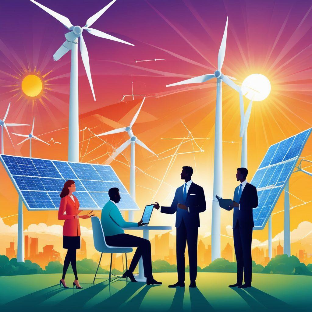 A modern, sleek illustration of a diverse group of people discussing energy investments, surrounded by symbols of insurance policies and renewable energy sources like solar panels and wind turbines. The atmosphere should convey clarity and confidence, with light shining through, symbolizing hope and protection. Emphasize vibrant colors and a harmonious layout that represents smart decision-making in the insurance marketplace. digital art. vibrant colors. clean design.