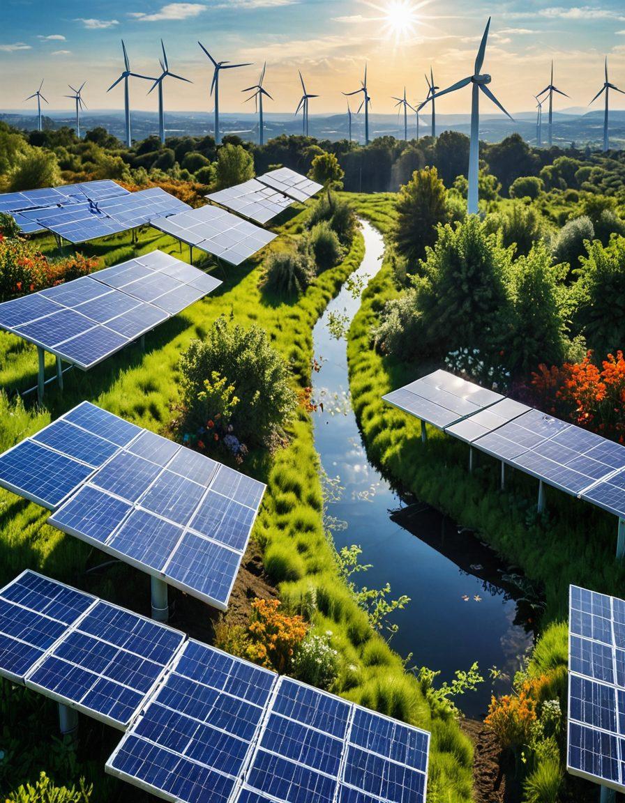 An innovative landscape showcasing solar panels and wind turbines under a bright blue sky, symbolizing renewable energy. A diverse group of people, including engineers and environmentalists, are collaborating with digital tablets, discussing plans for sustainable energy solutions. In the foreground, a thriving green garden with native plants represents ecological harmony. Artistic elements include sun rays reflecting off the panels and a futuristic city skyline in the background. vibrant colors. super-realistic. eco-friendly theme.
